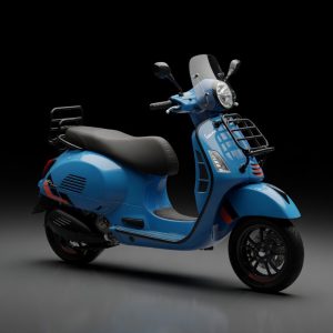 Vespa GTS Super Sport 310 2026 bleu vif en studio noir avec reflet sur sol gris, vue 3/4 avant droit – scooter premium disponible au Maroc